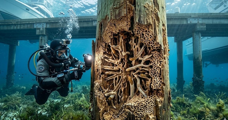 marine wood borer damage pilings