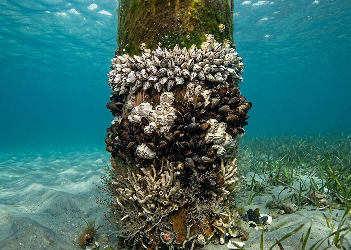 Marine Growth on Dock Pilings